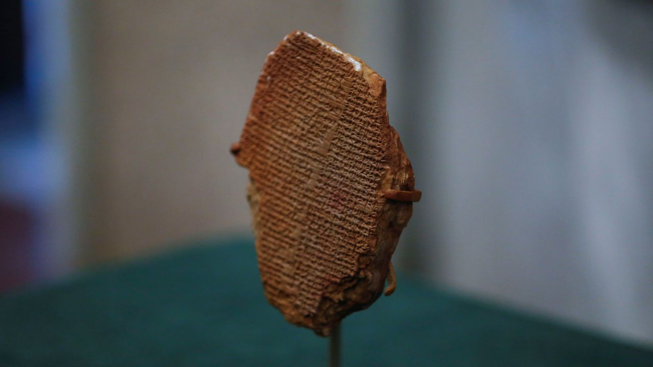 The Gilgamesh Dream Tablet, stolen from Iraq in 1991, returned to Iraq after it was seized by the U.S. government, is displayed at the Ministry of Foreign Affairs in Baghdad, Iraq December 7, 2021. REUTERS/Saba Kareem