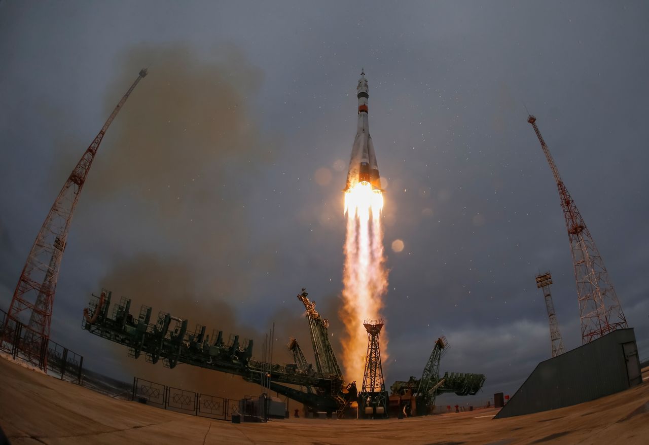The Soyuz MS-20 spacecraft carrying Roscosmos cosmonaut Alexander Misurkin, space flight participants Japanese entrepreneur Yusaku Maezawa and his production assistant Yozo Hirano, blasts off to the International Space Station (ISS) at the Baikonur Cosmodrome, Kazakhstan, December 8, 2021. REUTERS/Shamil Zhumatov