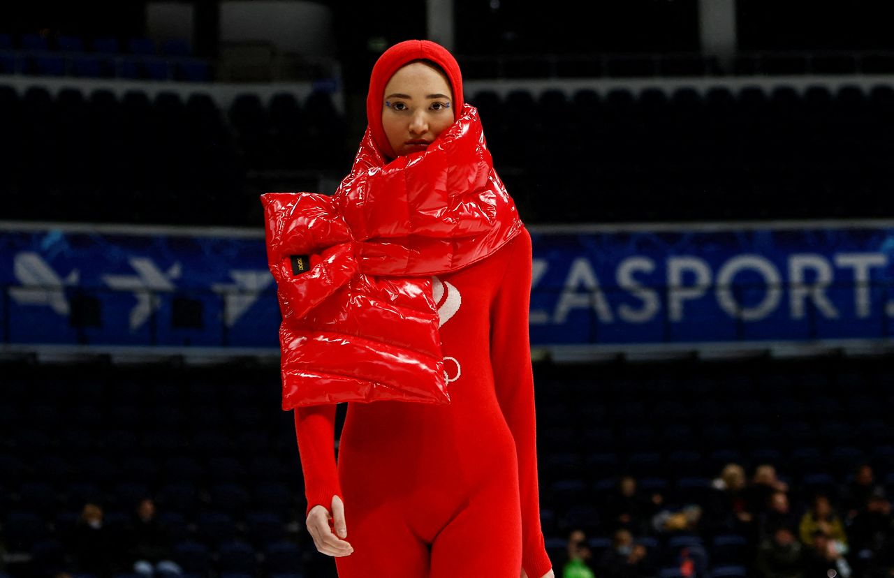 A model presents one of the uniforms of the Russian Olympics athletes designed by ZASPORT, the official clothing supplier for Russian athletes competing in the 2022 Winter Olympics in Beijing, during a presentation in Moscow, Russia December 10, 2021. REUTERS/Maxim Shemetov