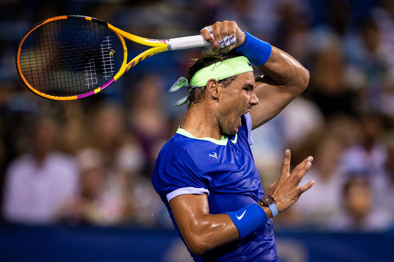 FILE PHOTO: Aug 5, 2021; Washington, DC, USA; Rafael Nadal of Spain returns a shot against Lloyd Harris of South Africa (not pictured) during the Citi Open at Rock Creek Park Tennis Center. Mandatory Credit: Scott Taetsch-USA TODAY Sports