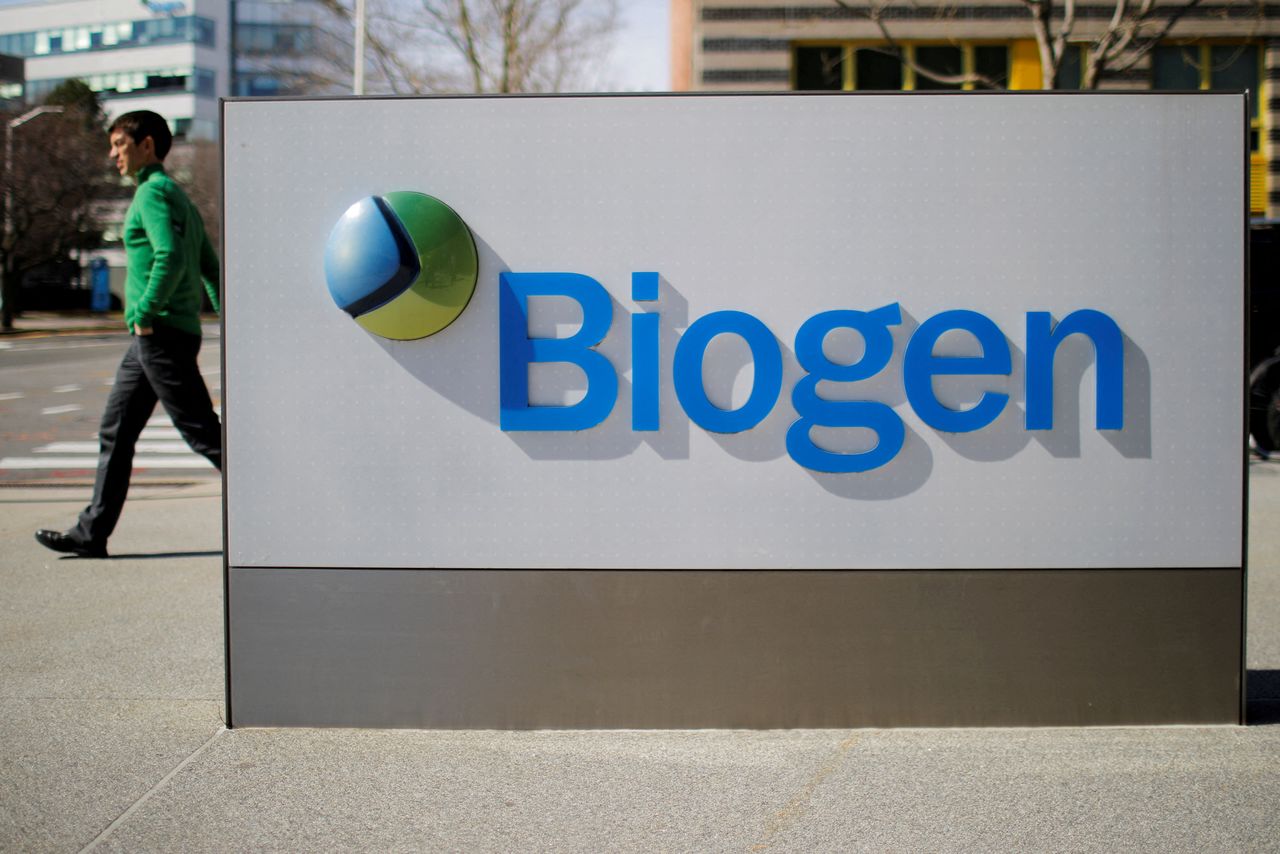 FILE PHOTO: A sign marks a Biogen facility in Cambridge, Massachusetts, U.S., March 9, 2020.   REUTERS/Brian Snyder