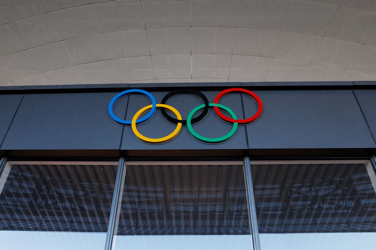 Olympic rings are seen at the National Ski Jumping Centre during a government-organised media tour to Beijing 2022 Winter Olympics venues in Zhangjiakou, Hebei province, China December 21, 2021. Picture taken December 21, 2021. REUTERS/Carlos Garcia Rawlins/File Photo