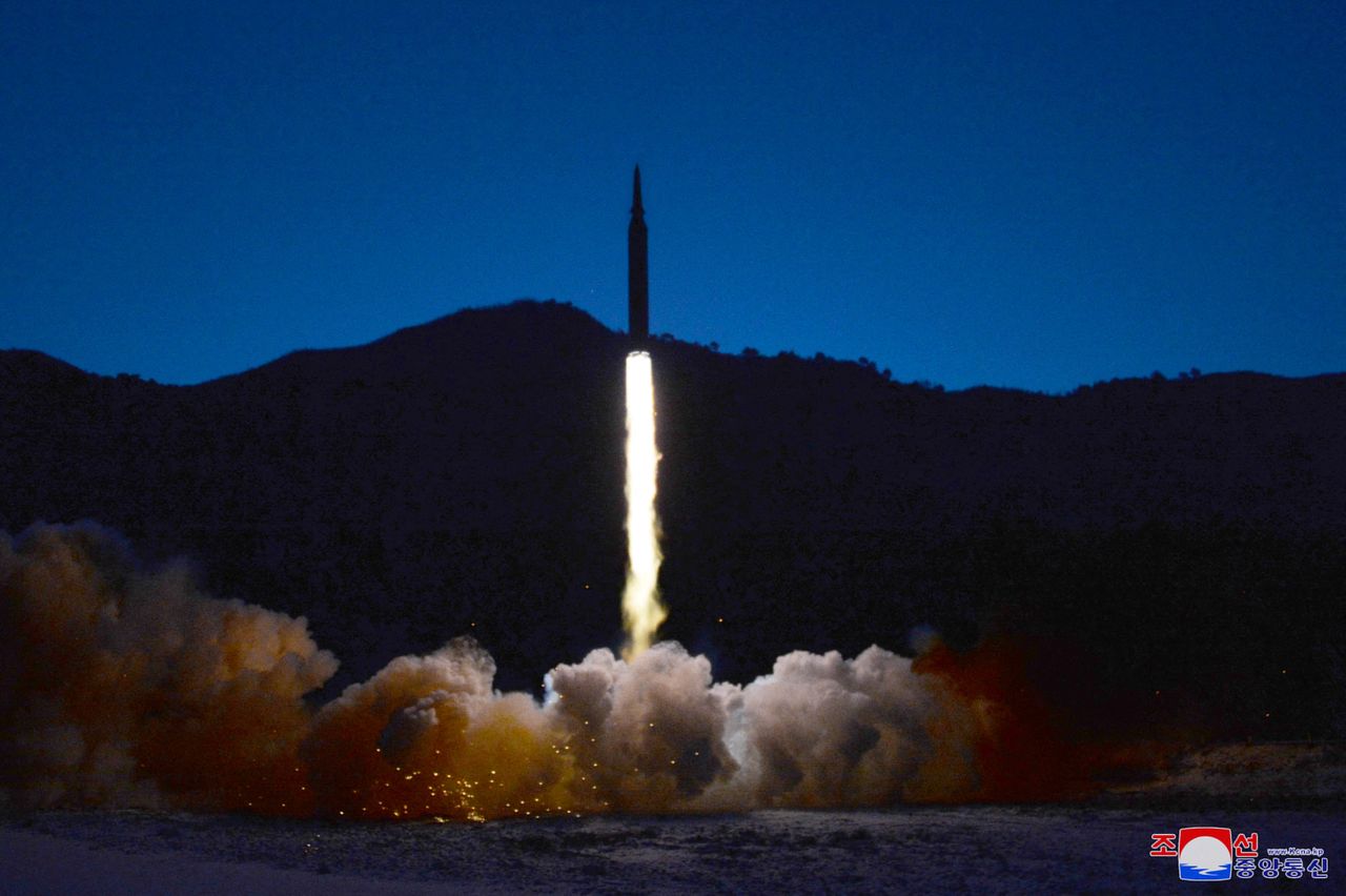 A missile is launched during what state media report is a hypersonic missile test at an undisclosed location in North Korea, January 11, 2022, in this photo released January 12, 2022 by North Korea