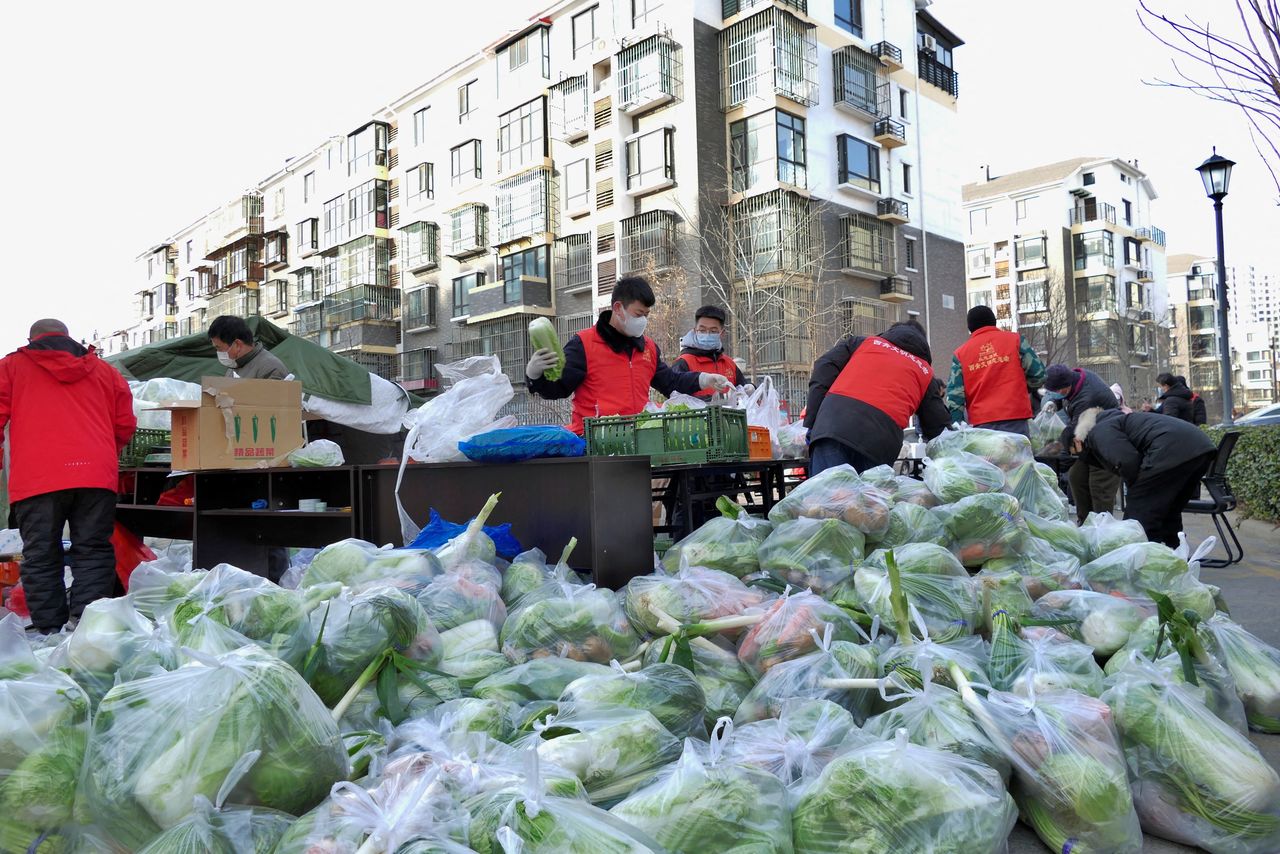 Community workers sort vegetables to be distributed to residents of an area under lockdown following the coronavirus disease (COVID-19) outbreak in Tianjin, where the Omicron variant has been detected, China January 12, 2022. Picture taken January 12, 2022. cnsphoto via REUTERS