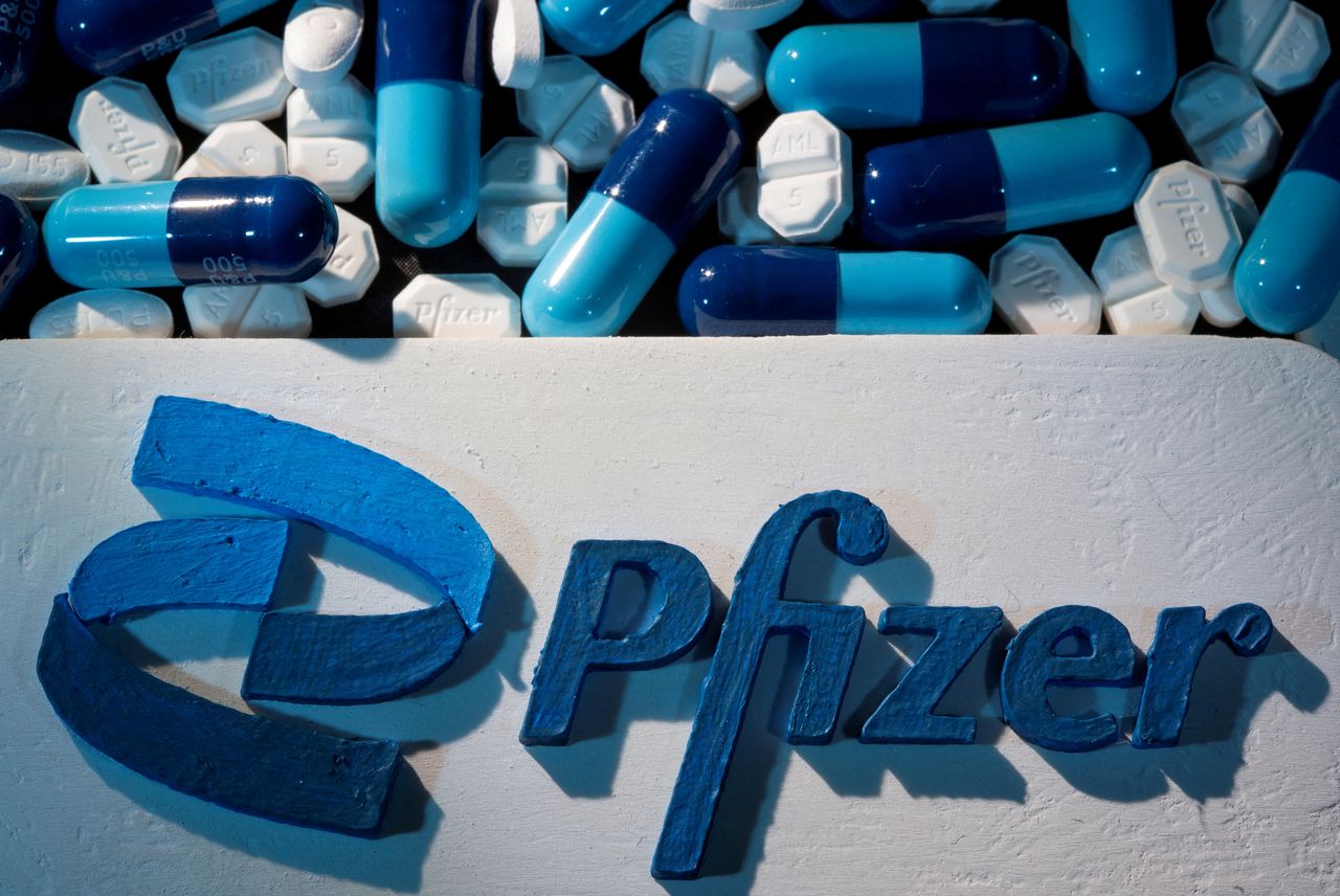FILE PHOTO: A 3D printed Pfizer logo is placed near medicines from the same manufacturer in this illustration taken September 29, 2021. REUTERS/Dado Ruvic/Illustration