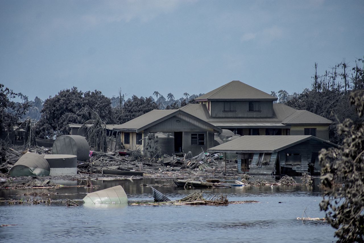A general view shows damaged buildings following volcanic eruption and tsunami in Nomuka, Tonga, January 17, 2022 in this picture obtained from social media. Malau Media/via REUTERS
