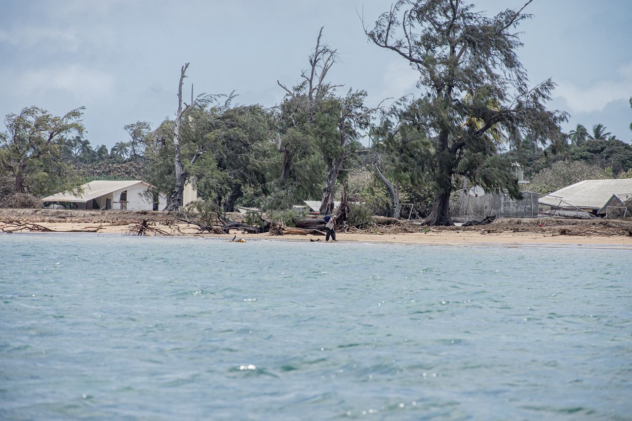 A general view shows damaged buildings and landscape following volcanic eruption and tsunami in Tungua, Tonga, January 18, 2022 in this picture obtained from social media. Malau Media/via REUTERS