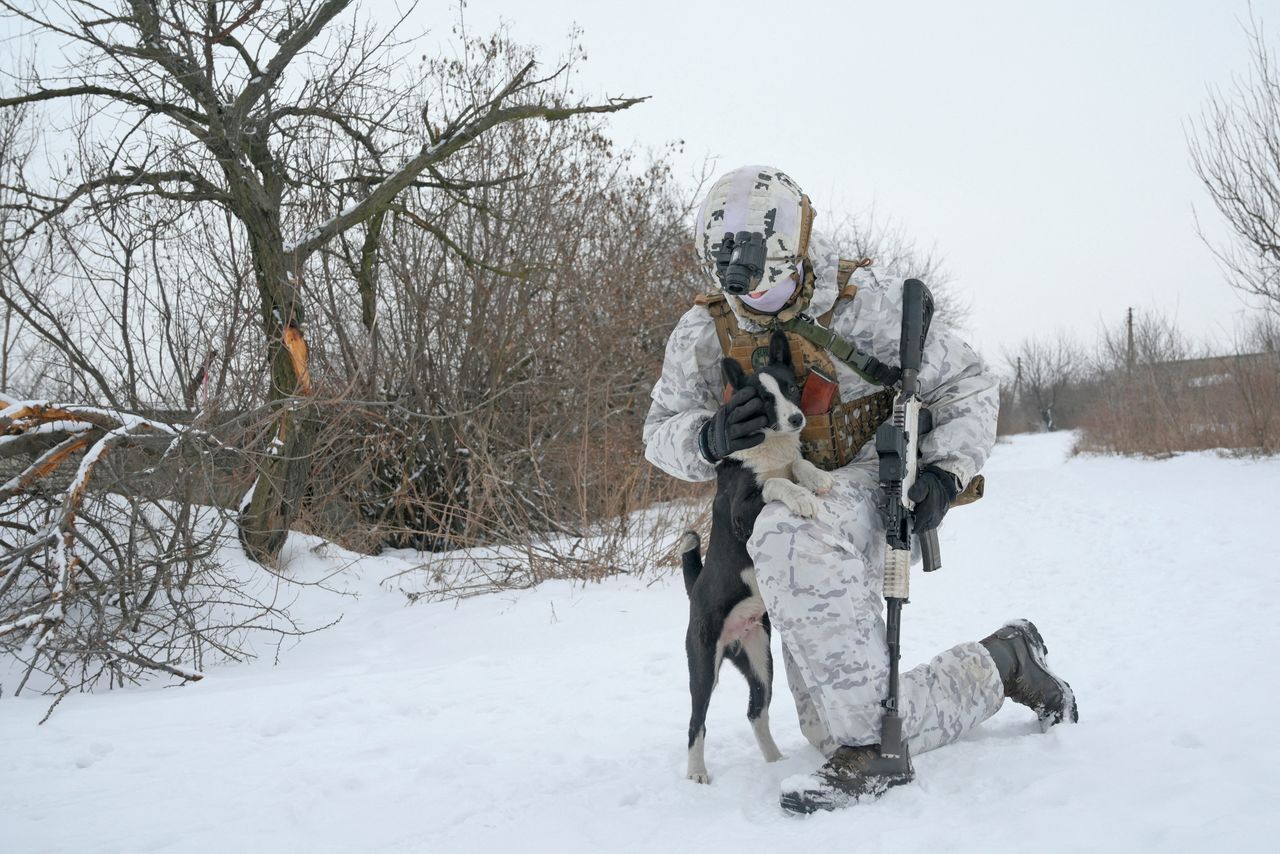 A service member of the Ukrainian armed forces strokes a dog at combat positions near the line of separation from Russian-backed rebels outside the town of Avdiivka in Donetsk Region, Ukraine January 25, 2022. REUTERS/Maksim Levin