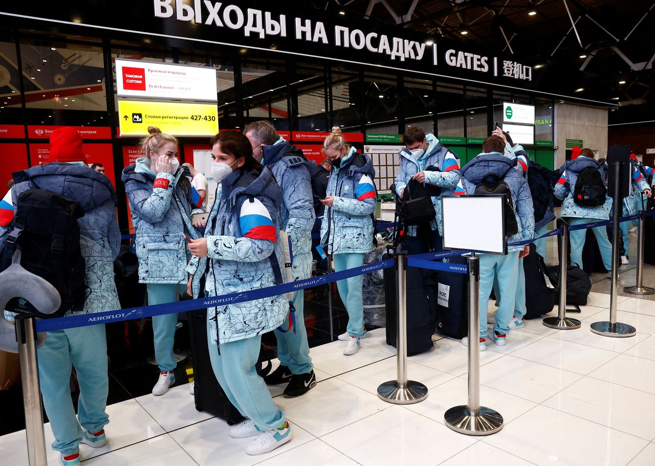 FILE PHOTO: Russian athletes are seen before their departure for the Beijing 2022 Winter Olympics at Sheremetyevo airport in Moscow, Russia January 26, 2022. REUTERS/Maxim Shemetov