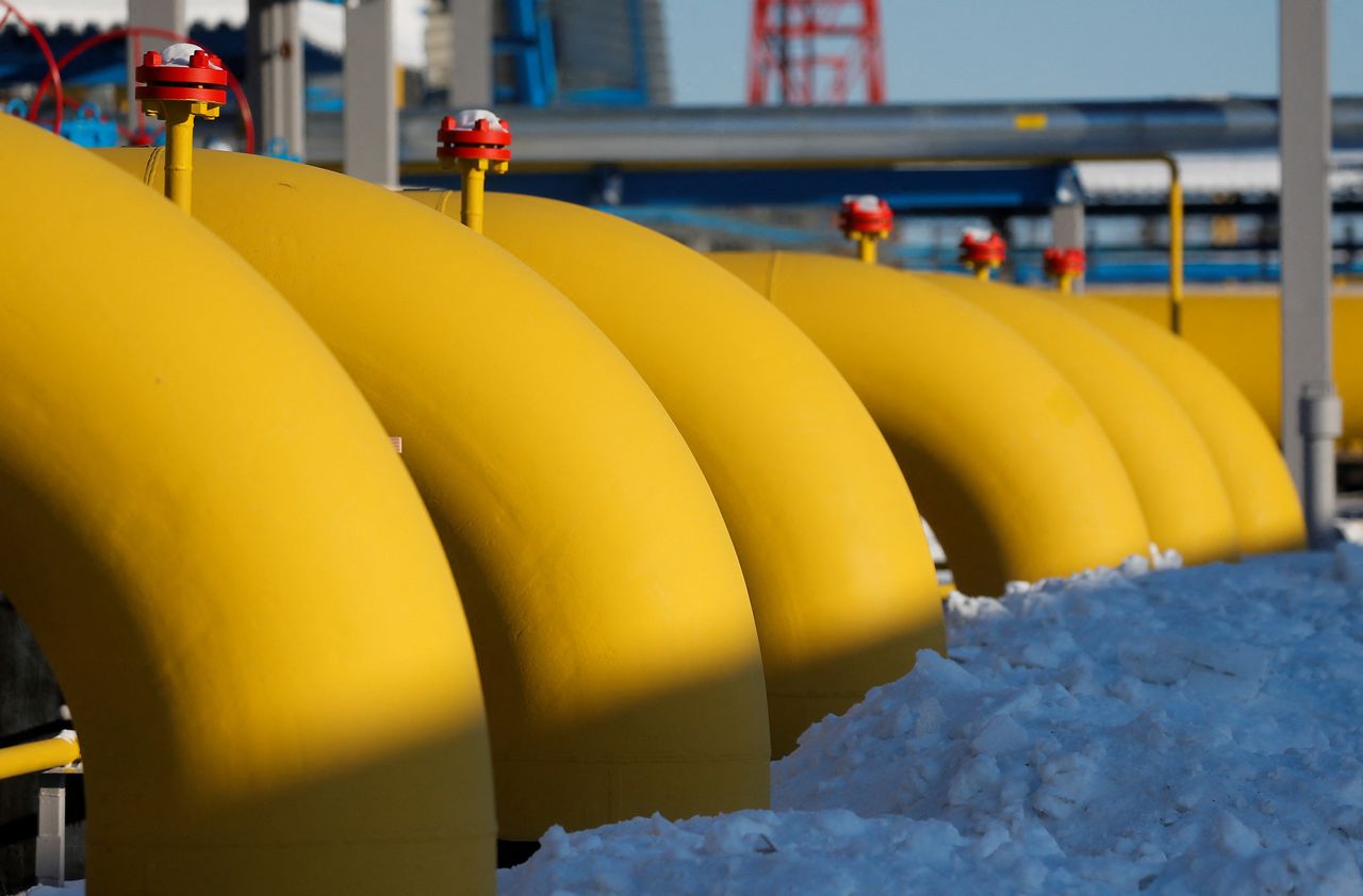 FILE PHOTO: Gas pipelines are pictured at the Atamanskaya compressor station, part of Gazprom