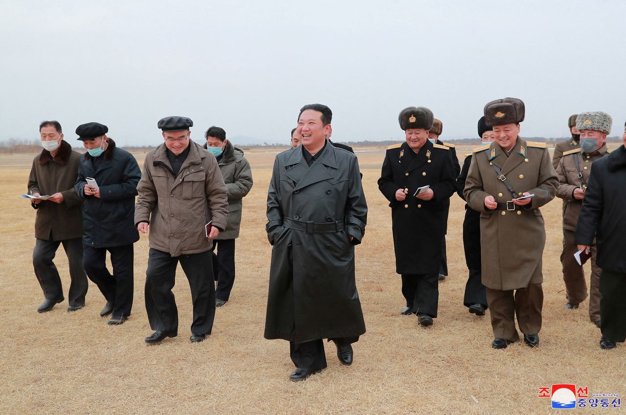 FILE PHOTO: North Korean leader Kim Jong Un inspects the proposed building site for the Ryonpho Vegetable Greenhouse Farm in the Ryonpho area of Hamju County, North Korea, in this undated photo released January 28, 2022 by North Korea
