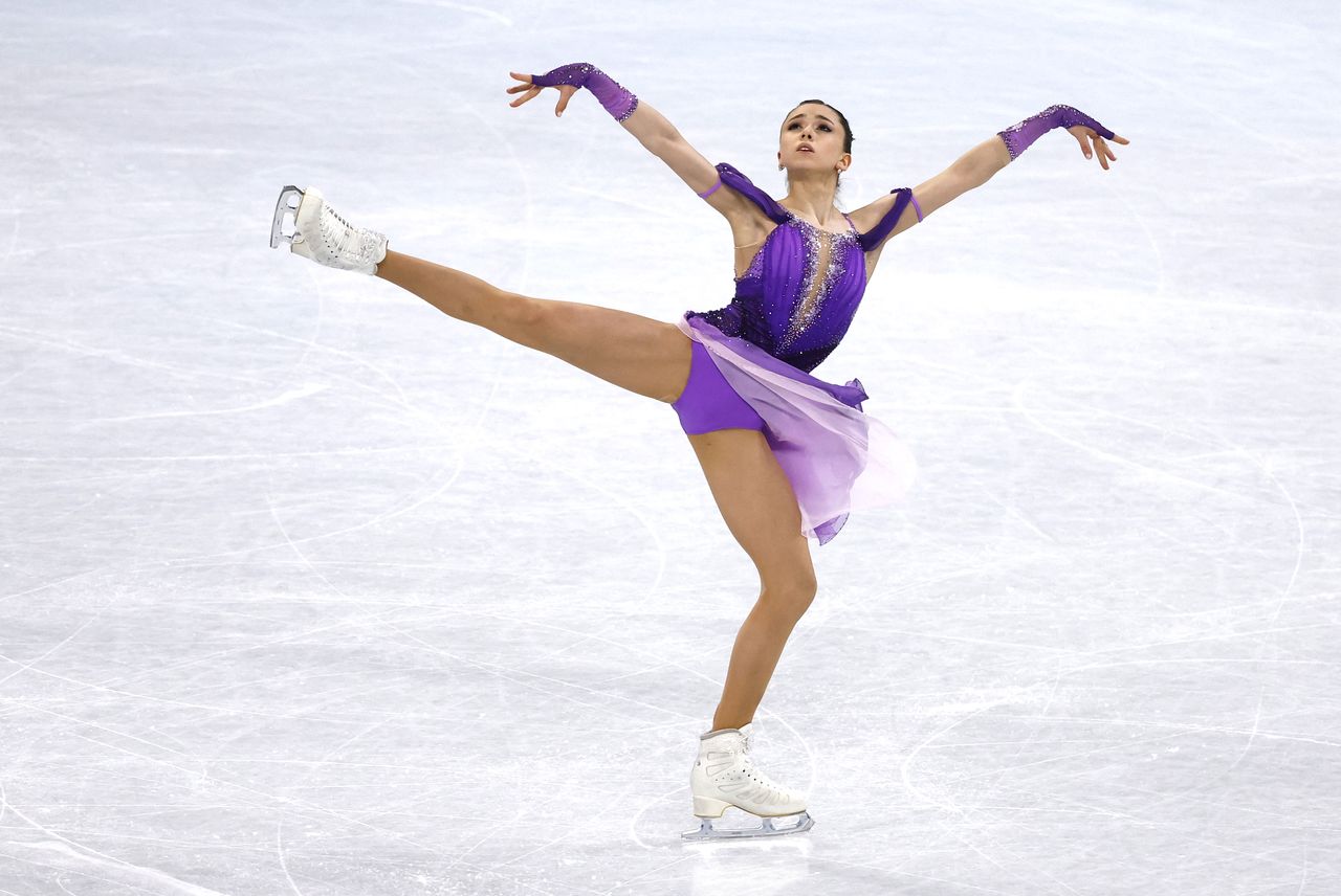 2022 Beijing Olympics - Figure Skating - Team Event - Women Single Skating - Short Program - Capital Indoor Stadium, Beijing, China - February 6, 2022. Kamila Valieva of the Russian Olympic Committee in action. REUTERS/Evgenia Novozhenina
