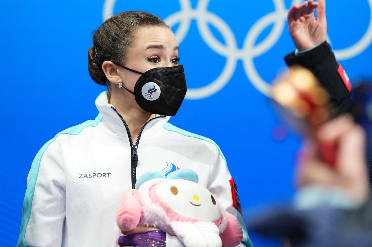 2022 Beijing Olympics - Figure Skating - Team Event - Women Single Skating - Short Program - Capital Indoor Stadium, Beijing, China - February 6, 2022. Kamila Valieva of the Russian Olympic Committee reacts after her performance. REUTERS/Aleksandra Szmigiel