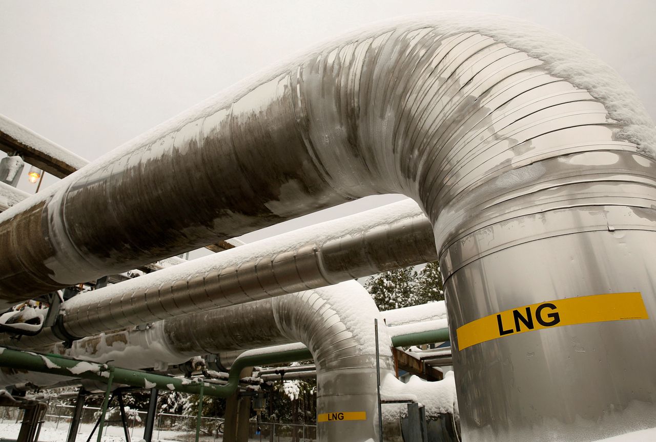 FILE PHOTO: Snow covered transfer lines are seen at the Dominion Cove Point Liquefied Natural Gas (LNG) terminal in Lusby, Maryland March 18, 2014. REUTERS/Gary Cameron  (UNITED STATES)