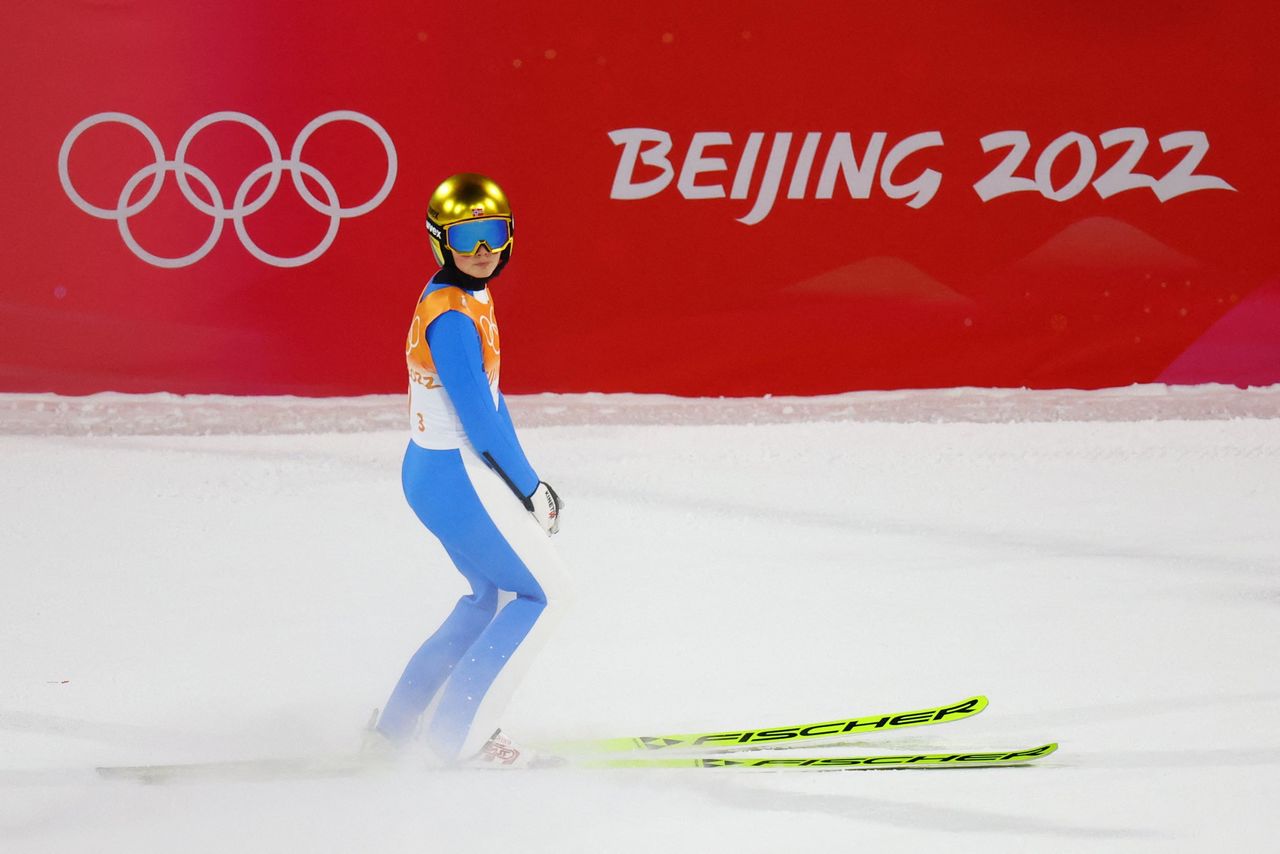 2022 Beijing Olympics - Ski Jumping - Mixed Team Final Round - National Ski Jumping Centre, Zhangjiakou, China - February 7, 2022. Silje Opseth of Norway reacts. REUTERS/Hannah Mckay