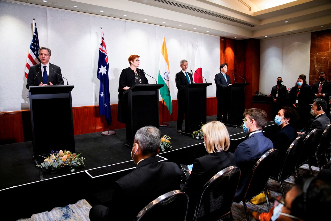 U.S. Secretary of State Antony Blinken, Australian Foreign Minister Marise Payne, Indian Foreign Minister Subrahmanyam Jaishankar and Japanese Foreign Minister Yoshimasa Hayashi during a press conference of the Quadrilateral Security Dialogue (Quad) foreign ministers in Melbourne, Australia, February 11, 2022. REUTERS/Sandra Sanders