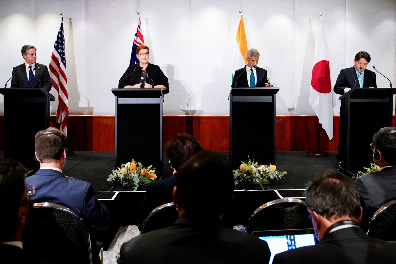 U.S. Secretary of State Antony Blinken, Australian Foreign Minister Marise Payne, Indian Foreign Minister Subrahmanyam Jaishankar and Japanese Foreign Minister Yoshimasa Hayashi during a press conference of the Quadrilateral Security Dialogue (Quad) foreign ministers in Melbourne, Australia, February 11, 2022. REUTERS/Sandra Sanders