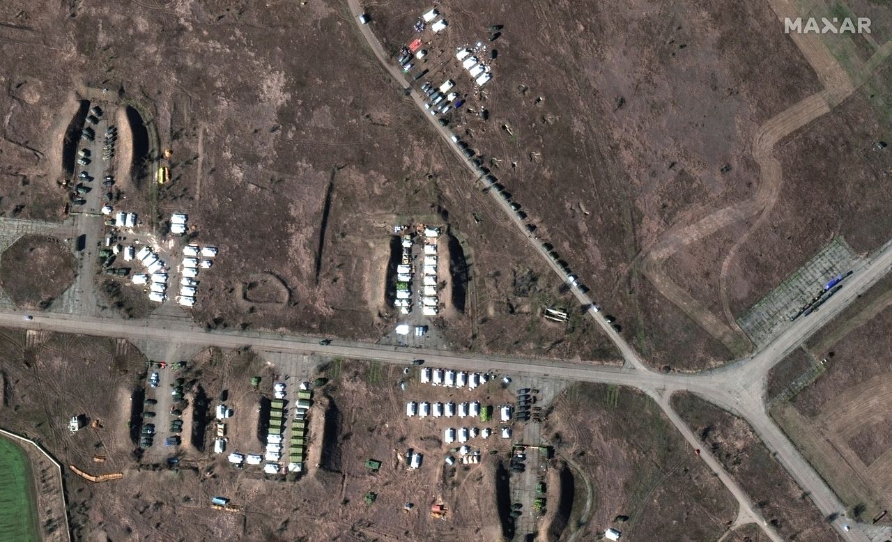 A satellite image shows a tent camp and equipment at the southern end of Oktyabrskoye air base, Crimea February 10, 2022. 2022 Maxar Technologies/Handout via REUTERS