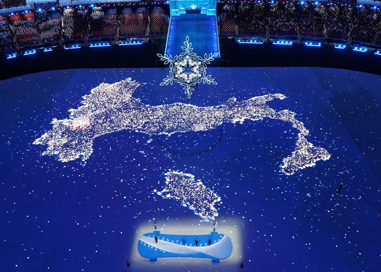 2022 Beijing Olympics - Closing Ceremony - National Stadium, Beijing, China - February 20, 2022. A map of  Italy is displayed during the closing ceremony. REUTERS/Fabrizio Bensch