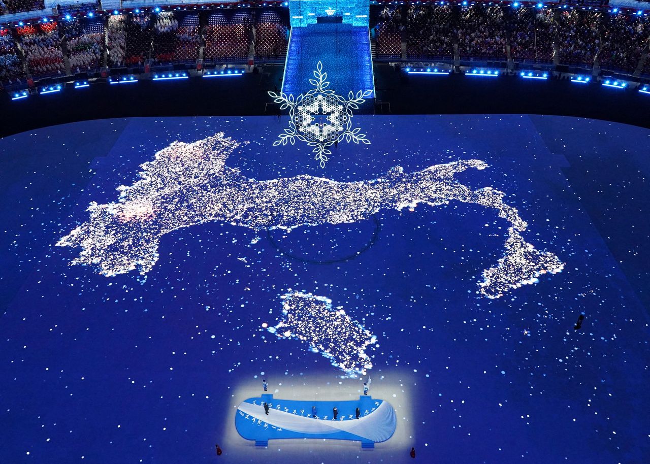 2022 Beijing Olympics - Closing Ceremony - National Stadium, Beijing, China - February 20, 2022. A map of Italy is displayed during the closing ceremony. REUTERS/Fabrizio Bensch