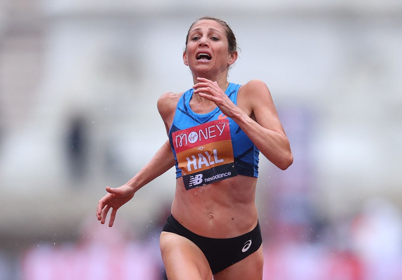 FILE PHOTO: Athletics - London Marathon - London, Britain - October 4, 2020 Sara Hall of the U.S. finishes in second place in the elite women