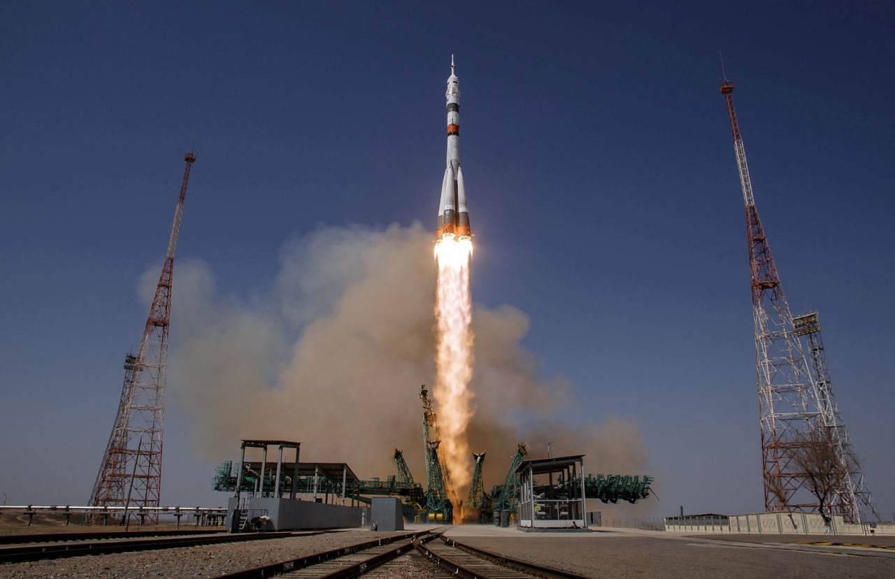 FILE PHOTO: The Soyuz MS-18 spacecraft carrying the crew formed of Mark Vande Hei of NASA and cosmonauts Oleg Novitskiy and Pyotr Dubrov of Roscosmos blasts off to the International Space Station (ISS) from the launchpad at the Baikonur Cosmodrome, Kazakhstan April 9, 2021. NASA/Bill Ingalls/Handout via REUTERS. THIS IMAGE HAS BEEN SUPPLIED BY A THIRD PARTY. MANDATORY CREDIT./File Photo