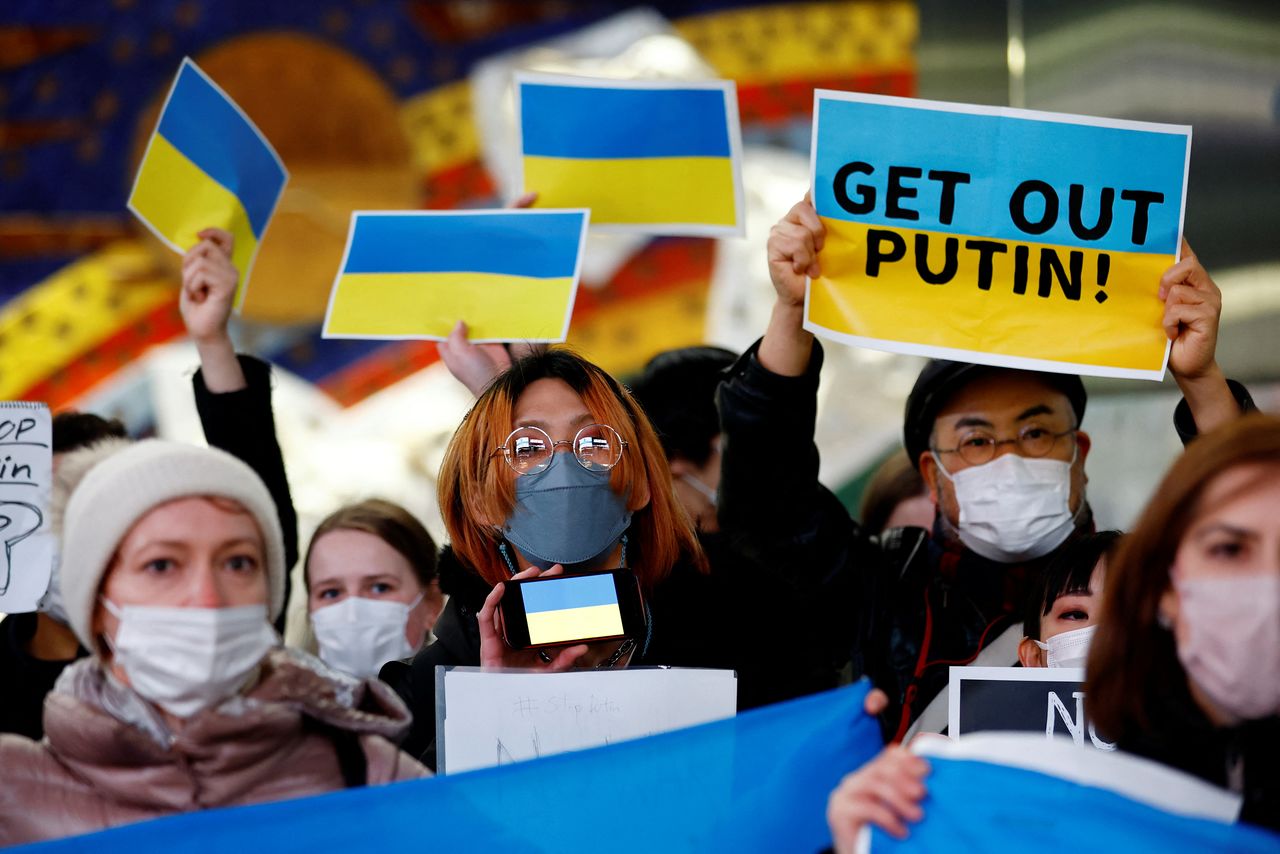 Japanese and Ukrainian protesters attend a rally against Russia