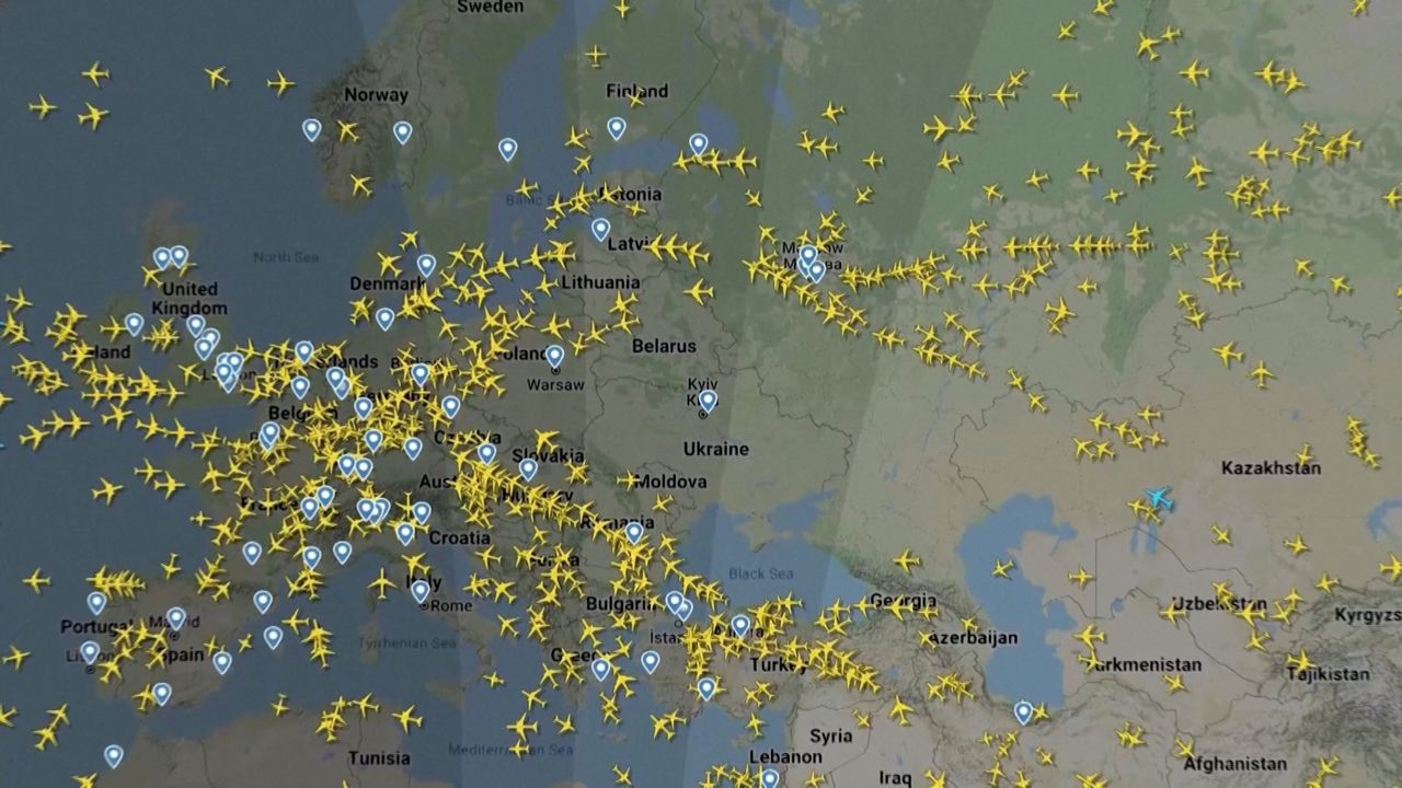 Flight tracking website FlightRadar24 shows aircraft diverting around Ukraine, February 24, 2022.   via Reuters TV