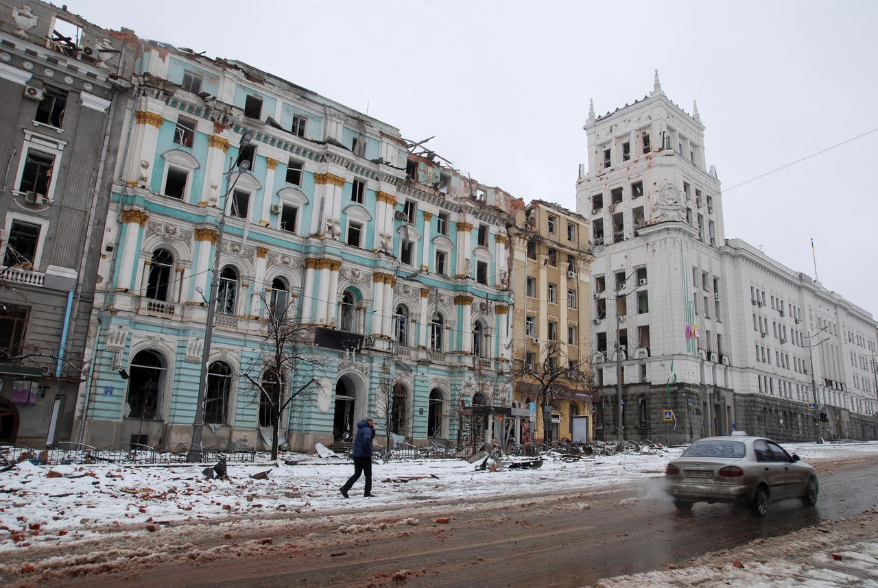 A view shows buildings, which city officials and locals said were damaged by recent shelling, as Russia