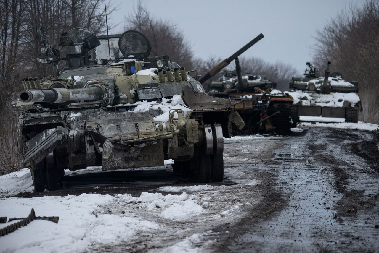 Destroyed Russian tanks are seen, amid Russia