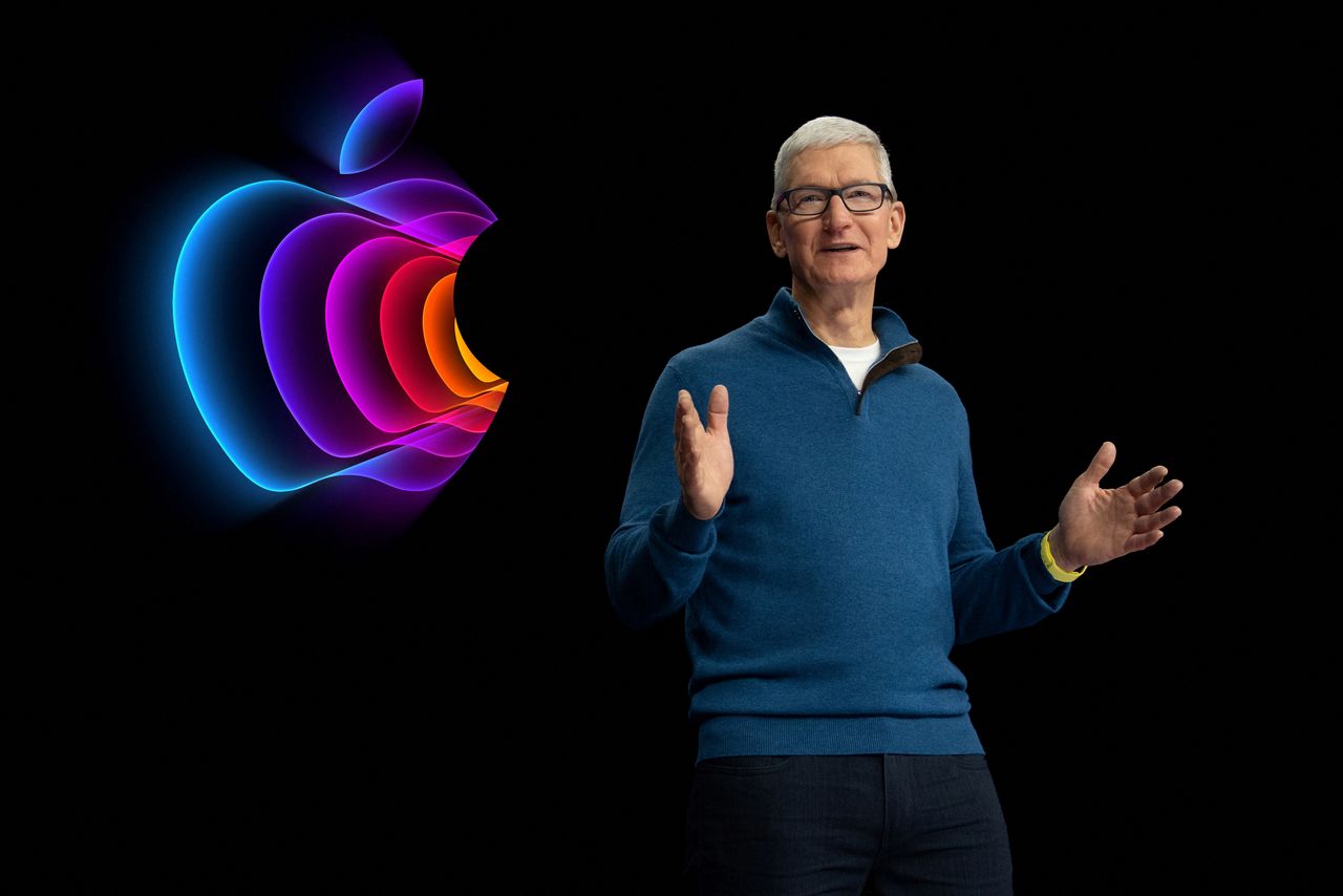 Apple CEO Tim Cook announces a new lineup of products during a special event at Apple Park in Cupertino, California, U.S. broadcast on March 8, 2022. Brooks Kraft/Apple Inc./Handout via REUTERS. .