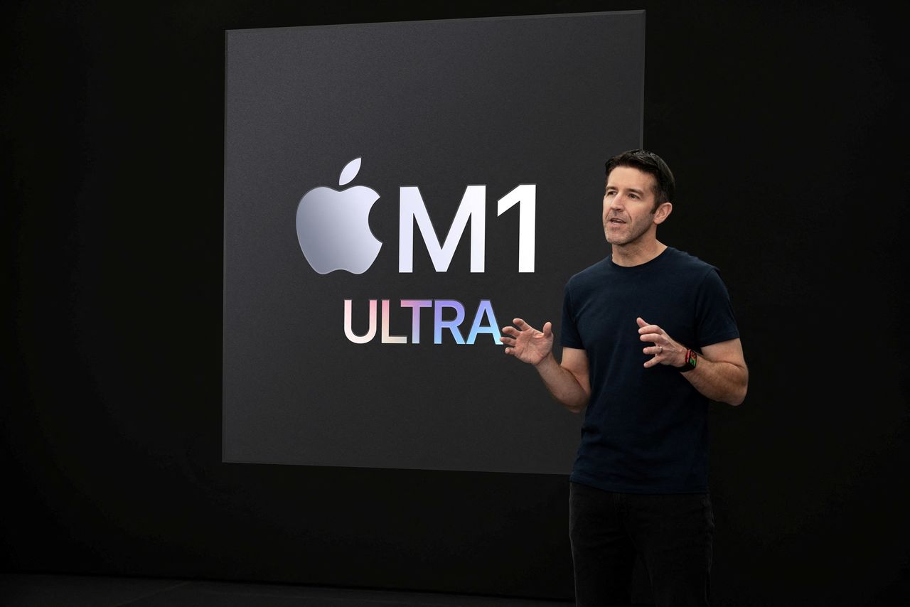 Apple senior vice president of Hardware Engineering John Ternus introduces M1 Ultra during a special event at Apple Park in Cupertino, California, U.S. broadcast on March 8, 2022. Brooks Kraft/Apple Inc./Handout via REUTERS.