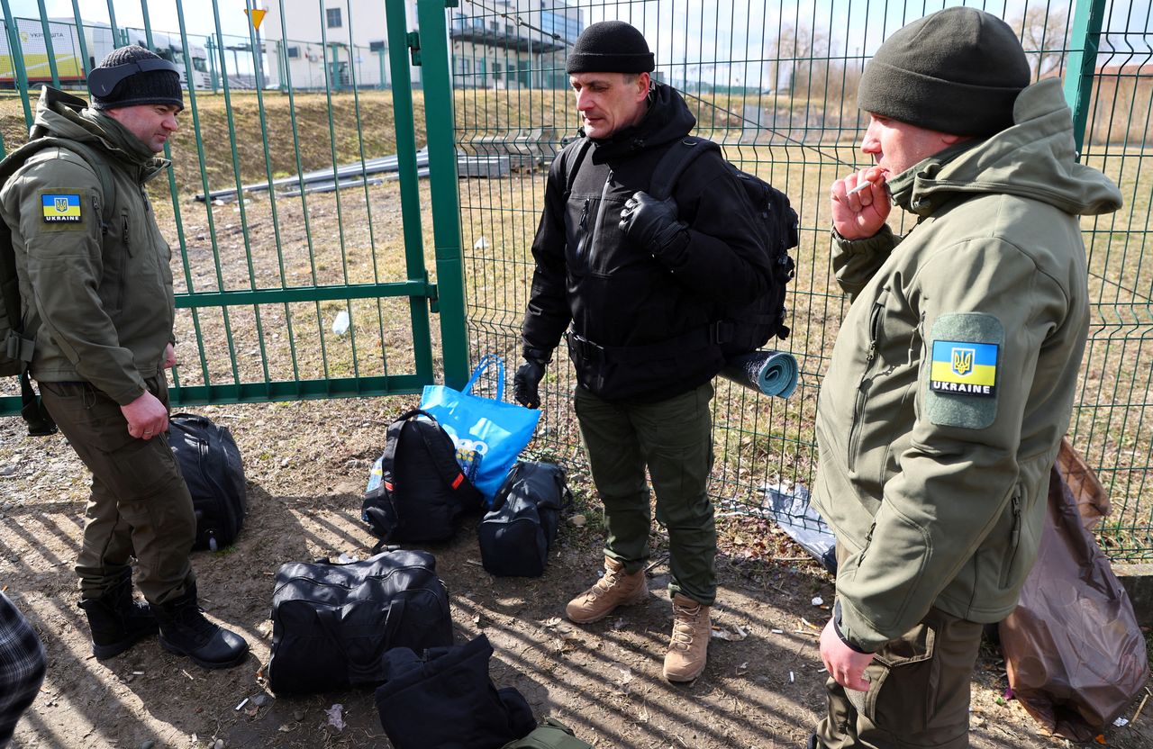 FILE PHOTO: Estonian citizens from Tallinn gather before crossing the border from Poland to Ukraine to join as foreign fighters at the front line in Ukraine following Russia