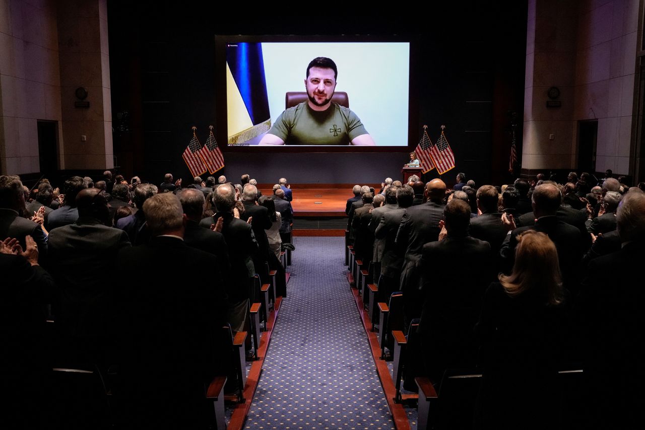 Ukrainian President Volodymyr Zelenskiy delivers a video address to senators and members of the House of Representatives gathered in the Capitol Visitor Center Congressional Auditorium, at the U.S. Capitol in Washington, U.S., March 16, 2022. Drew Angerer/Pool via REUTERS