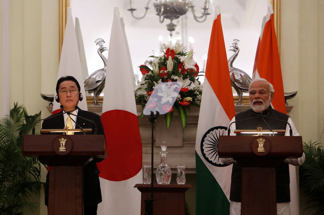 Indian Prime Minister Narendra Modi speaks during a joint news conference with Japanese Prime Minister Fumio Kishida, at Hyderabad House in New Delhi, India, March 19, 2022. REUTERS/Adnan Abidi