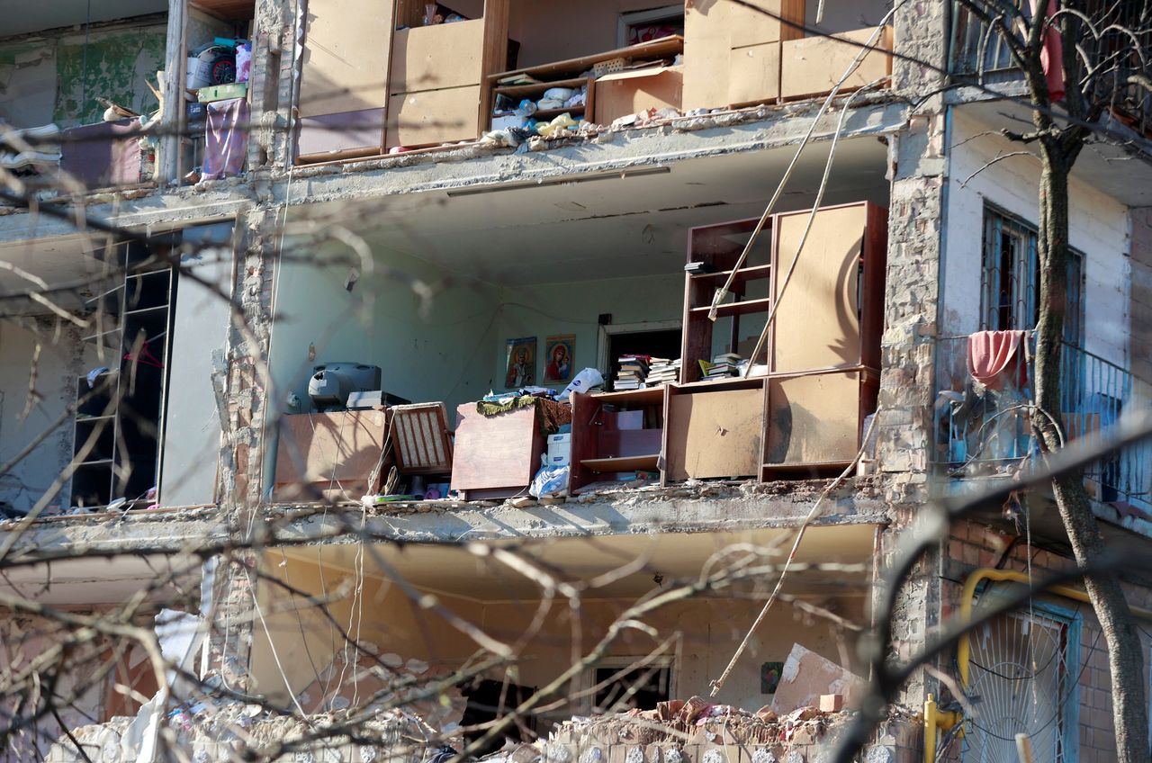A view shows an apartment building destroyed during an air raid, amid Russia