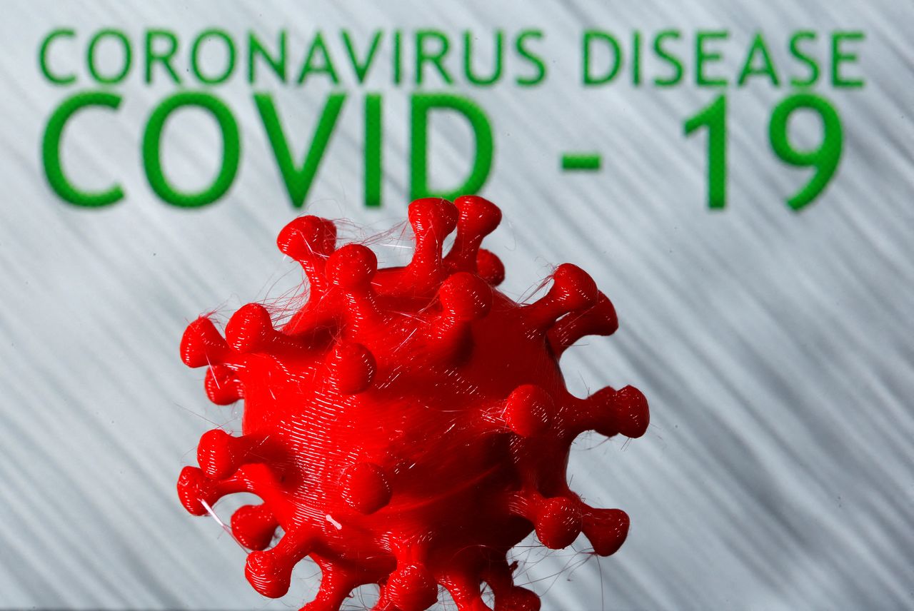 FILE PHOTO: A 3D-printed coronavirus model is seen in front of the words coronavirus disease (Covid-19) on display in this illustration taken March 25, 2020. REUTERS/Dado Ruvic/Illustration/File Photo