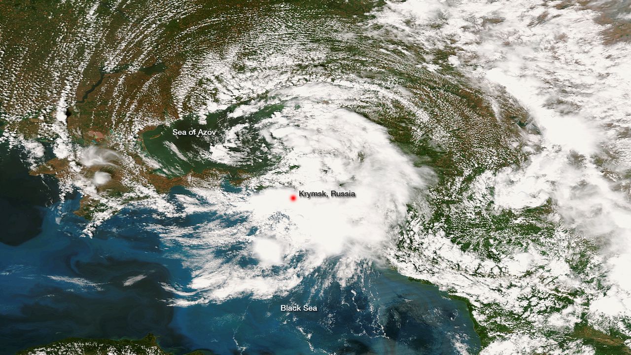 FILE PHOTO: This National Oceanic and Atmospheric Administration (NOAA) satellite image taken on July 6, 2012 and released July 9, 2012 of Krymsk, Russia, shows the low pressure system that had moved westward over the preceding days gathering strength from the warm Black Sea. REUTERS/NOAA/Handout /File Photo