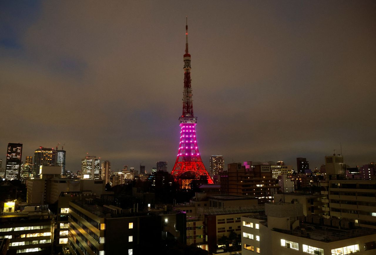 Tokyo Tower is illuminated only in the lower-half part in response to the government