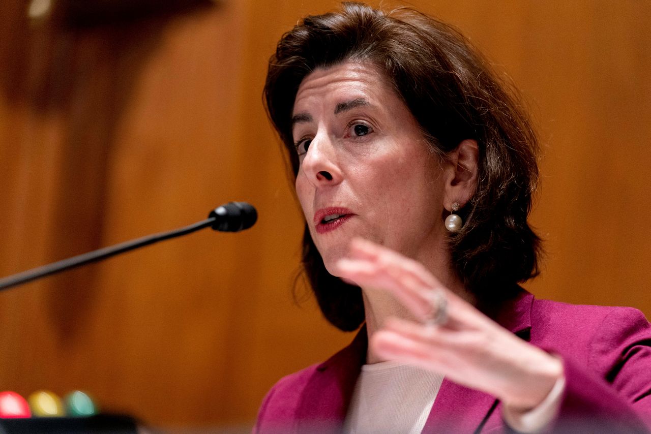 FILE PHOTO: Commerce Secretary Gina Raimondo testifies before a Senate Appropriations Subcommittee on Commerce, Justice, Science, and Related Agencies hearing on Capitol Hill in Washington, D.C., U.S., February 1, 2022. Andrew Harnik/Pool via REUTERS
