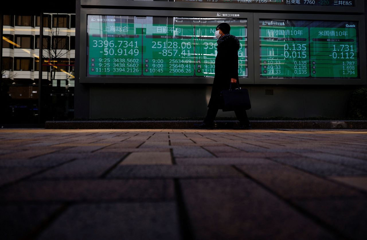 FILE PHOTO: A man wearing a protective mask, amid the coronavirus disease (COVID-19) outbreak, walks past an electronic board displaying Shanghai Composite index, Nikkei index and Dow Jones Industrial Average outside a brokerage in Tokyo, Japan, March 7, 2022. REUTERS/Kim Kyung-Hoon