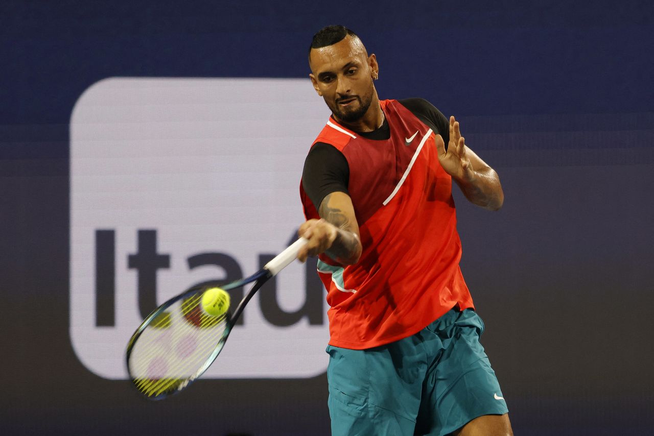 Mar 23, 2022; Miami Gardens, FL, USA; Nick Kyrgios (AUS) hits a forehand against Adrian Mannarino (FRA) (not pictured) in a first round men