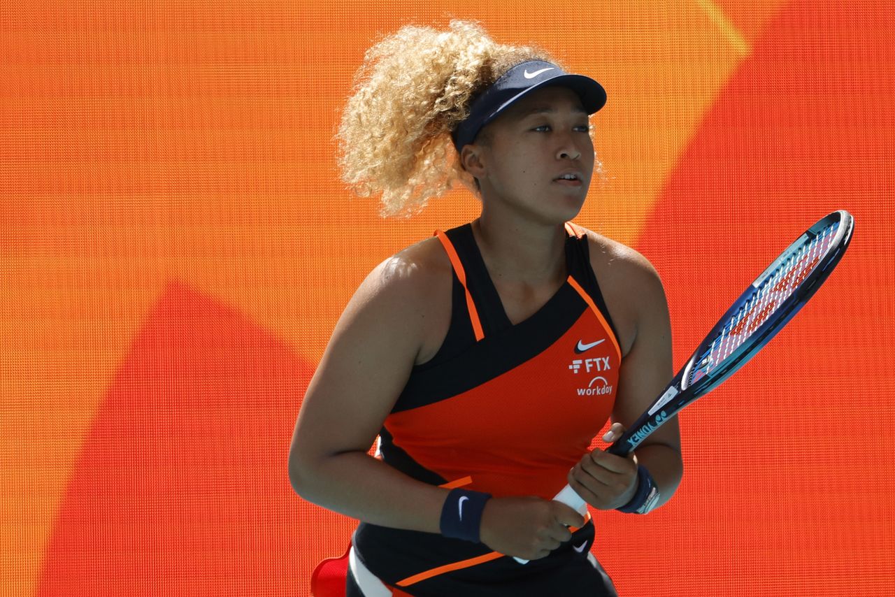 Mar 23, 2022; Miami Gardens, FL, USA; Naomi Osaka (JPN) warms up prior to her match against Astra Sharma (AUS) (not pictured) in a first round women
