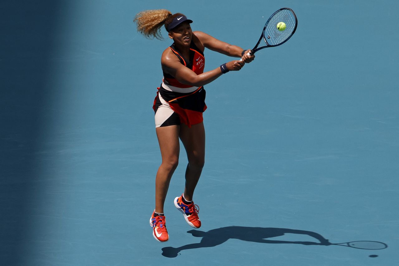 Mar 23, 2022; Miami Gardens, FL, USA; Naomi Osaka (JPN) hits a backhand against Astra Sharma (AUS) (not pictured) in a first round women