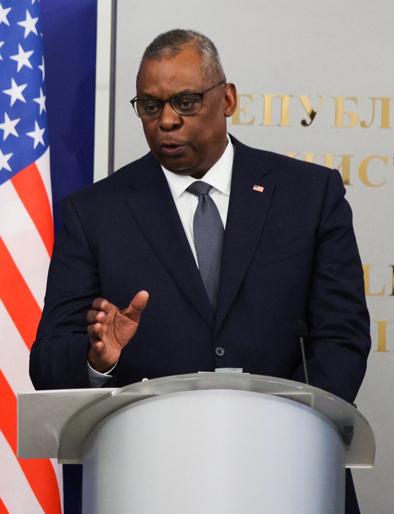 FILE PHOTO: U.S. Secretary of Defense Lloyd Austin gives a statement next to Bulgarian Prime Minister Kiril Petkov (not pictured) in Sofia, Bulgaria, March 19, 2022. REUTERS/Stoyan Nenov