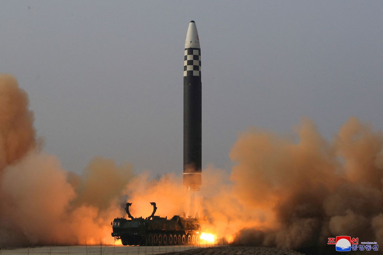FILE PHOTO: General view during the test firing of what state media report is a North Korean "new type" of intercontinental ballistic missile (ICBM) in this undated photo released on March 24, 2022 by North Korea