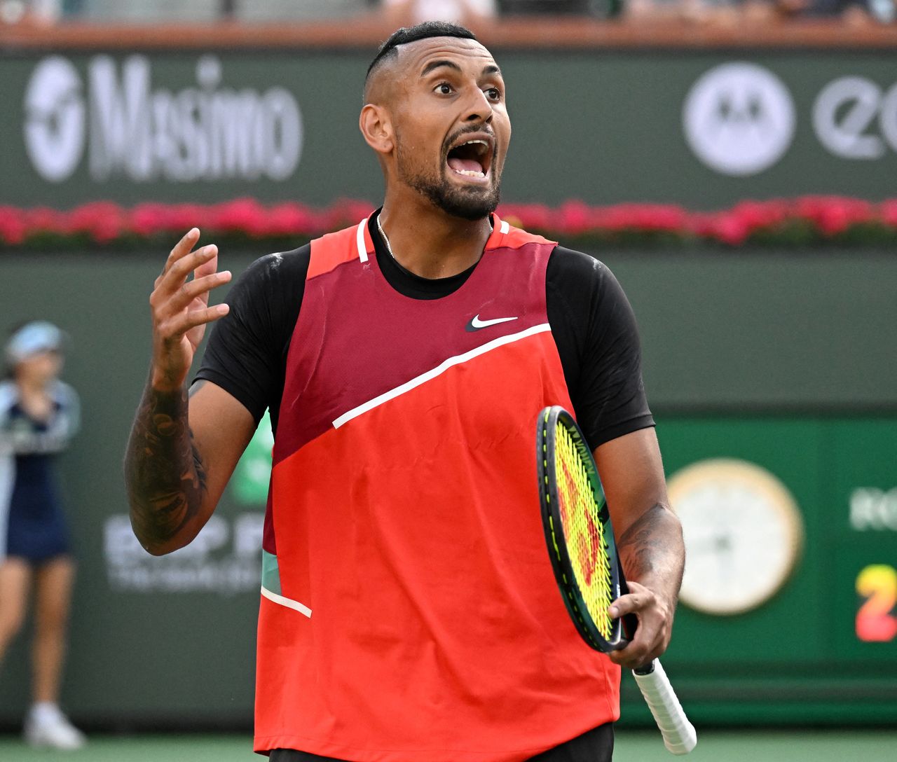 FILE PHOTO: Mar 17, 2022; Indian Wells, CA, USA;  Nick Kyrgios (AUS) is upset with the chair umpire for not telling the crowd to quiet down during his quarter-final match against Rafael Nadal (ESP) at the BNP Paribas Open at the Indian Wells Tennis Garden. Mandatory Credit: Jayne Kamin-Oncea-USA TODAY Sports