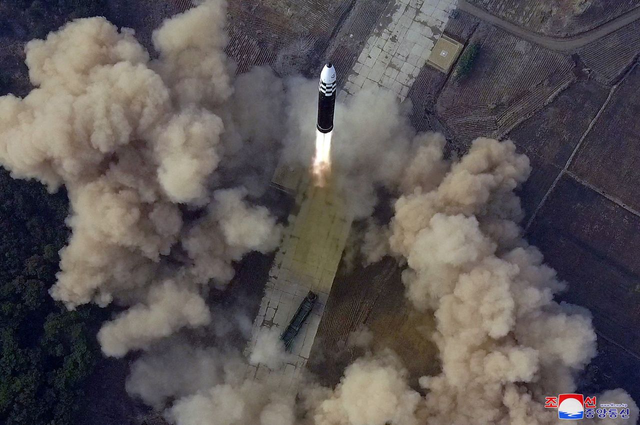 An overview of what state media reports is the launch of the "Hwasong-17" intercontinental ballistic missile (ICBM) in this undated photo released on March 25, 2022 by North Korea