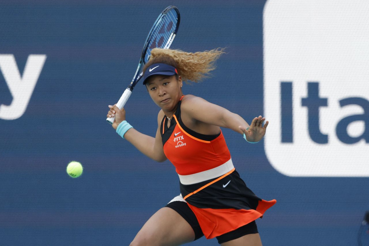 Mar 28, 2022; Miami Gardens, FL, USA; Naomi Osaka (JPN) hits a forehand against Alison Riske (USA)(not pictured) in a fourth round women
