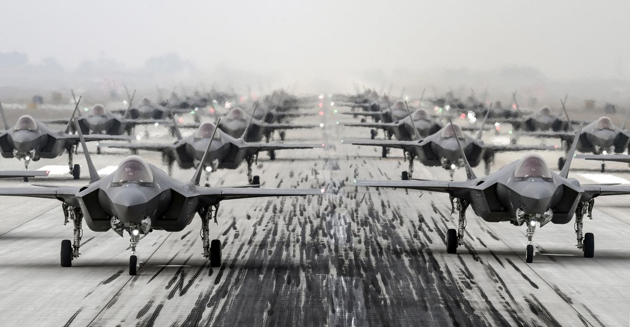F-35A fighter jets are seen during a military exercise "Elephant Walk" at an airbase, in this handout provided by the South Korean Defense Ministry on March 25, 2022. South Korean Defense Ministry/Handout via REUTERS